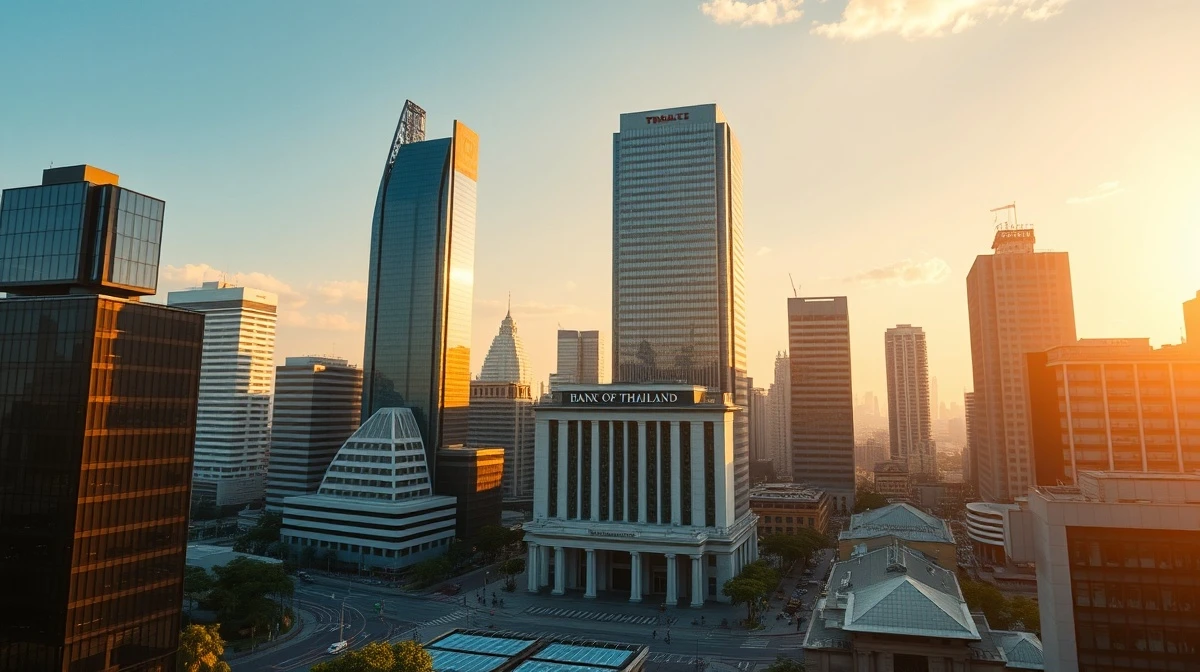 Bangkok financial district skyline at sunset, representing Thailand's economic policy and fiscal stability.