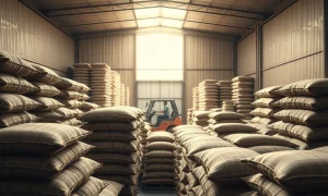 Coffee bags stacked in a warehouse, highlighting tight inventory levels in the global coffee market.
