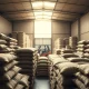 Coffee bags stacked in a warehouse, highlighting tight inventory levels in the global coffee market.