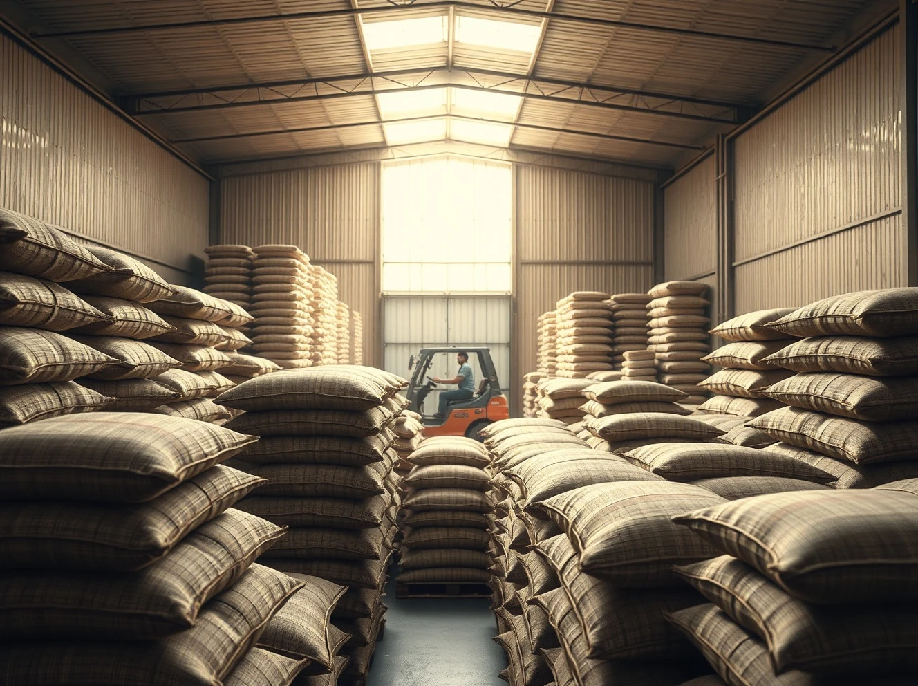 Coffee bags stacked in a warehouse, highlighting tight inventory levels in the global coffee market.