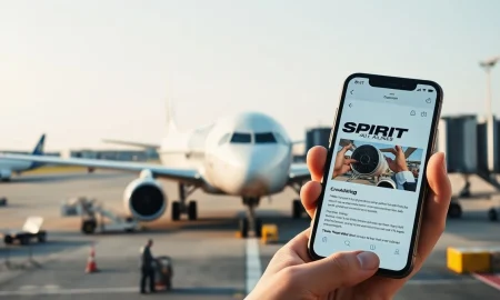 Spirit Airlines aircraft at airport gate with a smartphone showing a crowdfunding campaign in the foreground.