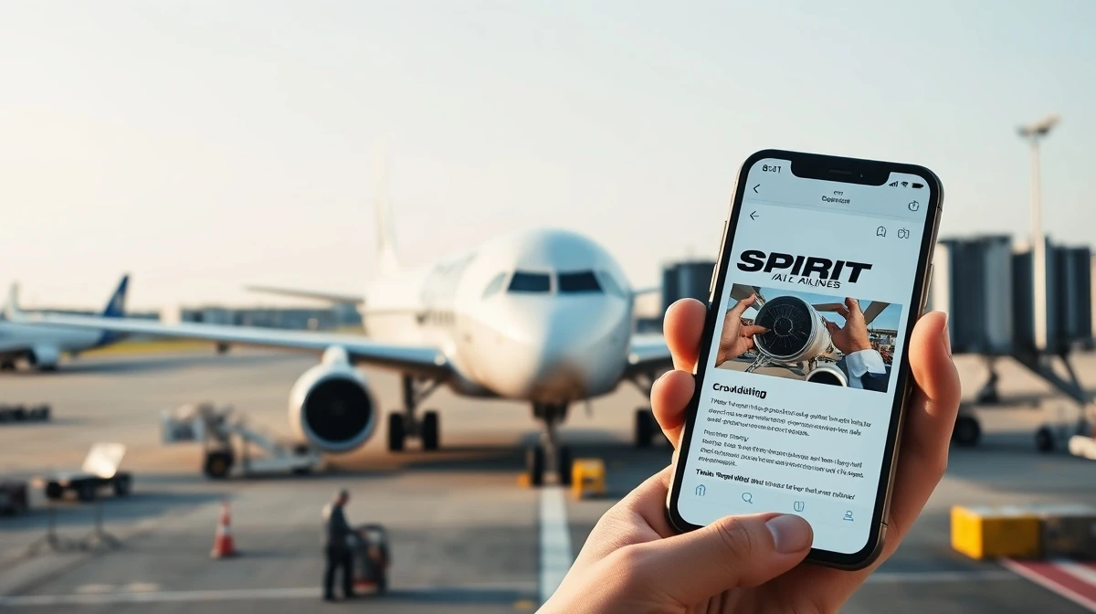Spirit Airlines aircraft at airport gate with a smartphone showing a crowdfunding campaign in the foreground.