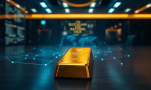 Gold bar with digital blockchain overlay representing tokenized gold trading and real-world asset market growth.