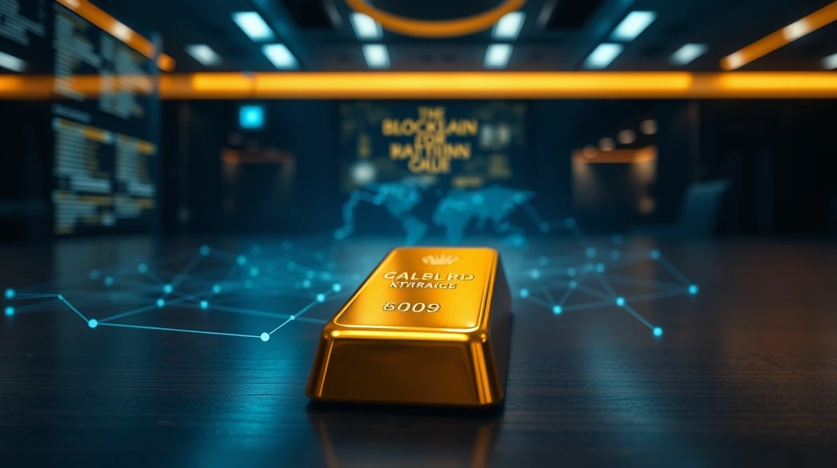 Gold bar with digital blockchain overlay representing tokenized gold trading and real-world asset market growth.