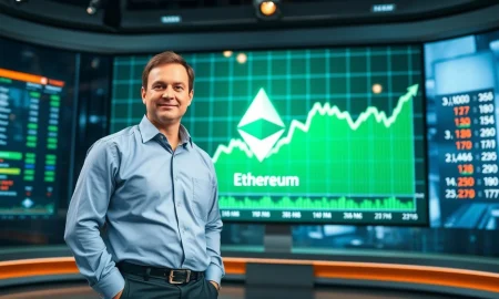 Financial analyst Tom Lee in a studio with an Ethereum price chart showing a bullish trend.