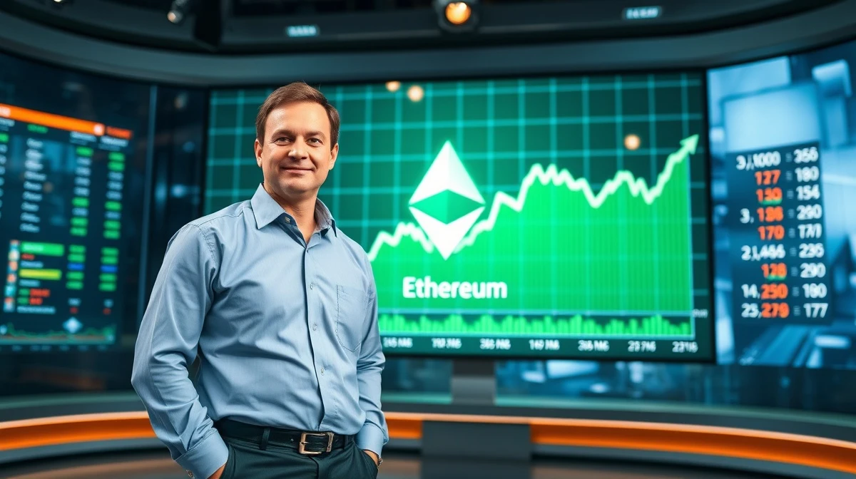 Financial analyst Tom Lee in a studio with an Ethereum price chart showing a bullish trend.