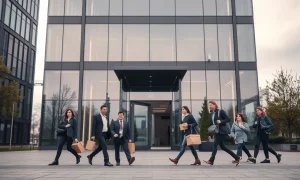 Truecaller office building in Stockholm with employees leaving after layoffs announcement