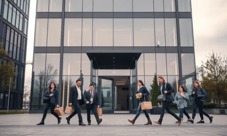 Truecaller office building in Stockholm with employees leaving after layoffs announcement