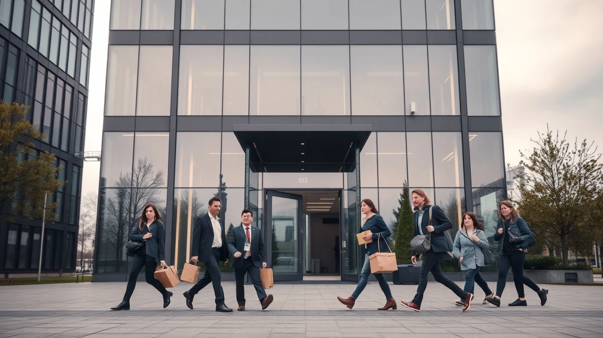 Truecaller office building in Stockholm with employees leaving after layoffs announcement