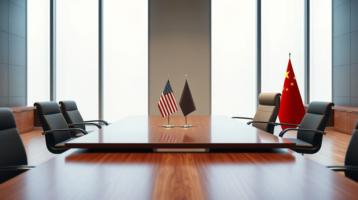 Empty diplomatic meeting room with US and Chinese flags ahead of Trump-Xi summit