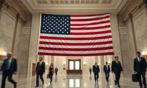 American flag inside a federal government building hallway with officials walking