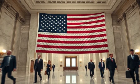 American flag inside a federal government building hallway with officials walking