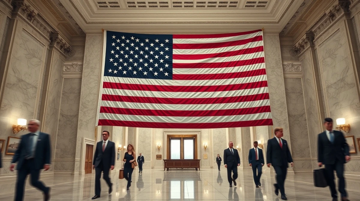 American flag inside a federal government building hallway with officials walking