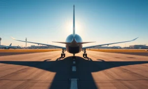 Boeing aircraft on tarmac at international airport with control tower in background