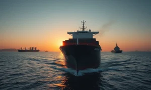 A cargo ship sailing through the Strait of Hormuz, with oil tankers visible in the distance.