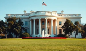 Exterior view of the White House under clear skies, representing US presidential authority and foreign policy decisions.
