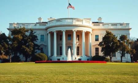 Exterior view of the White House under clear skies, representing US presidential authority and foreign policy decisions.