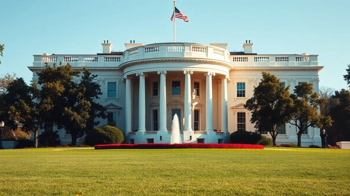Exterior view of the White House under clear skies, representing US presidential authority and foreign policy decisions.