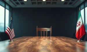 Empty chair at a negotiating table with American and Iranian flags, symbolizing stalled ceasefire talks.