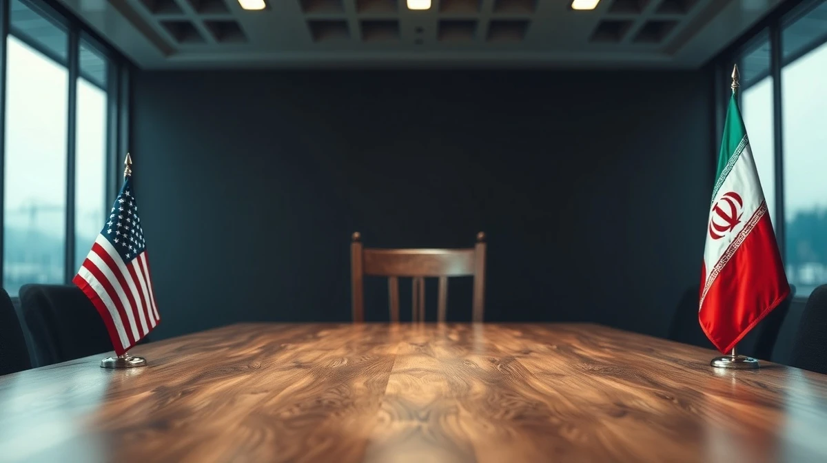 Empty chair at a negotiating table with American and Iranian flags, symbolizing stalled ceasefire talks.