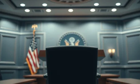 Empty podium in a U.S. government briefing room with American flag, symbolizing diplomatic tension