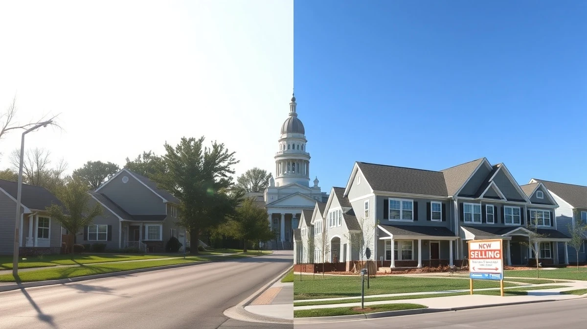 Side-by-side view of residential homes in Springfield, Illinois and Springfield, Ohio showing housing market contrast