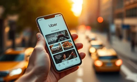 Hand holding smartphone showing Uber app with ride, hotel, and food options in a city setting