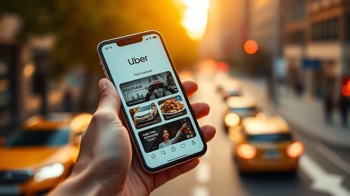 Hand holding smartphone showing Uber app with ride, hotel, and food options in a city setting