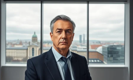 UBS CEO Sergio Ermotti in a boardroom with a serious expression, European city skyline in background