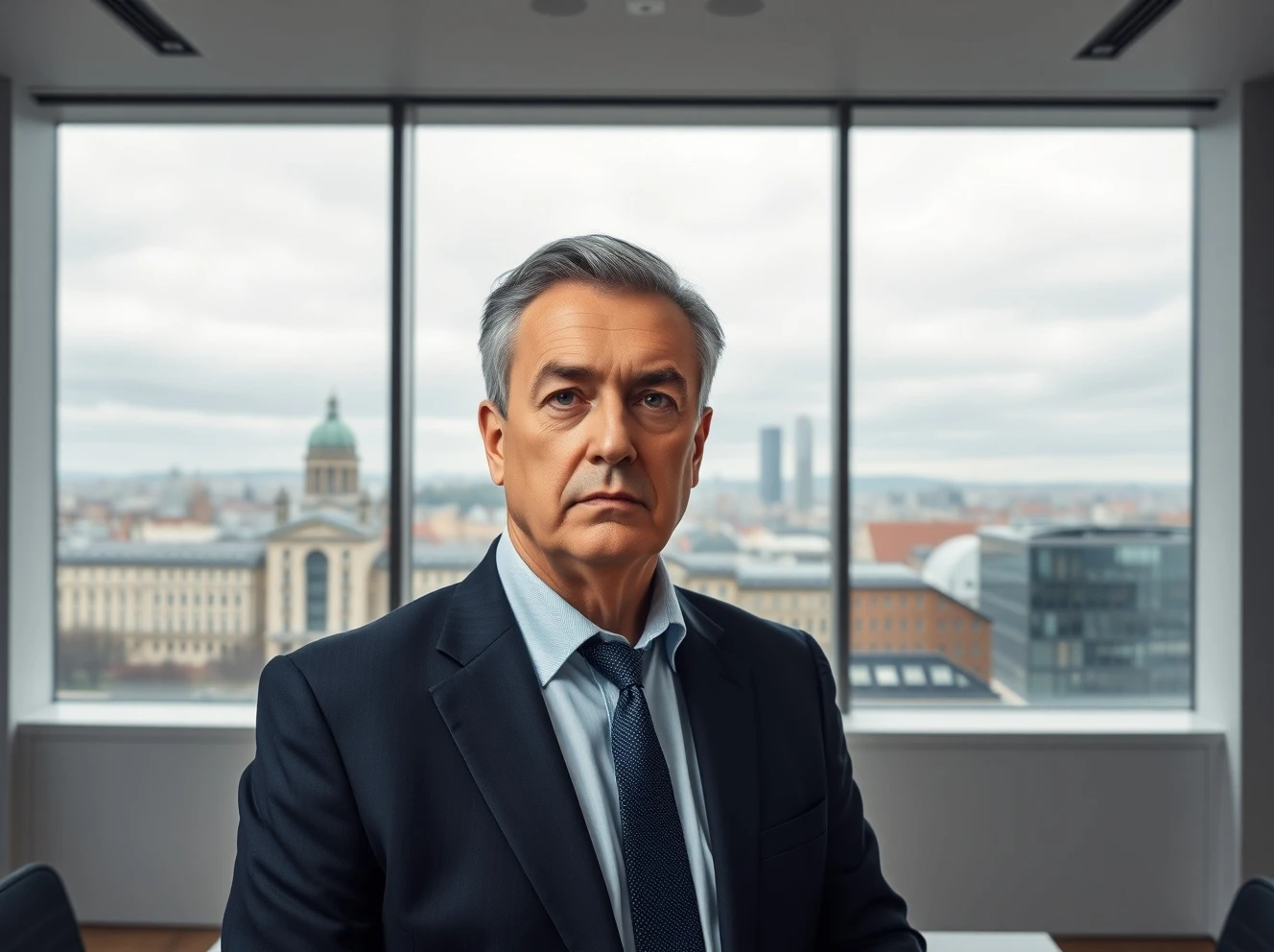 UBS CEO Sergio Ermotti in a boardroom with a serious expression, European city skyline in background