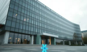 Exterior of a modern corporate headquarters building with a glowing digital XRP symbol in the foreground, representing institutional investment.