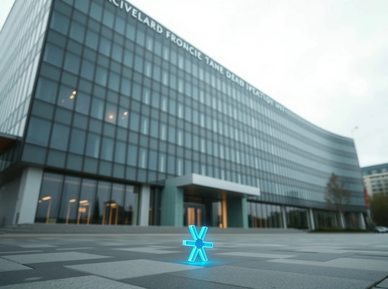 Exterior of a modern corporate headquarters building with a glowing digital XRP symbol in the foreground, representing institutional investment.