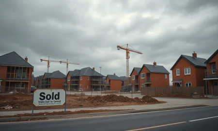 Stalled UK housing construction site with idle cranes and a weathered SOLD sign under grey sky