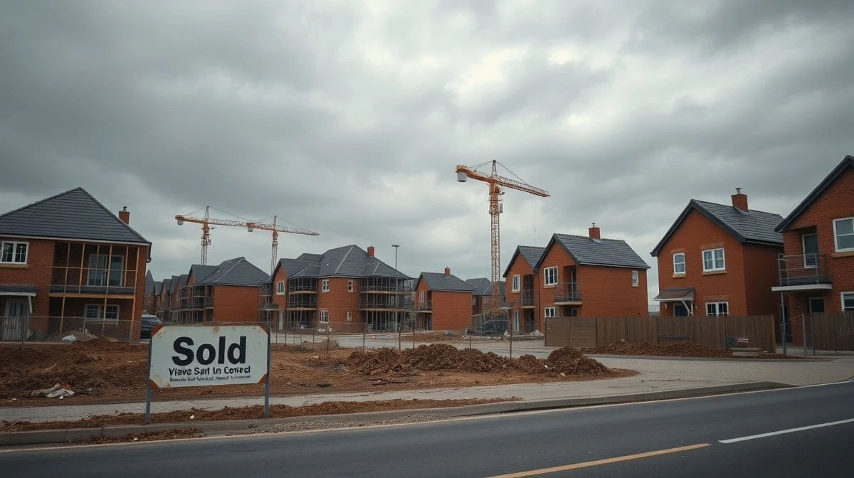 Stalled UK housing construction site with idle cranes and a weathered SOLD sign under grey sky