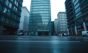Modern glass office building in London financial district on a cloudy day representing UK financial regulation.