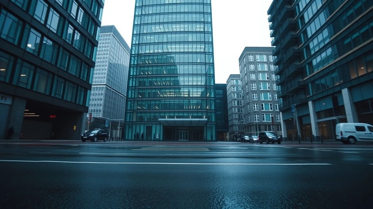 Modern glass office building in London financial district on a cloudy day representing UK financial regulation.