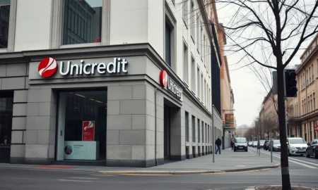 Exterior of a UniCredit bank branch on a cloudy day, representing the bank's European operations.