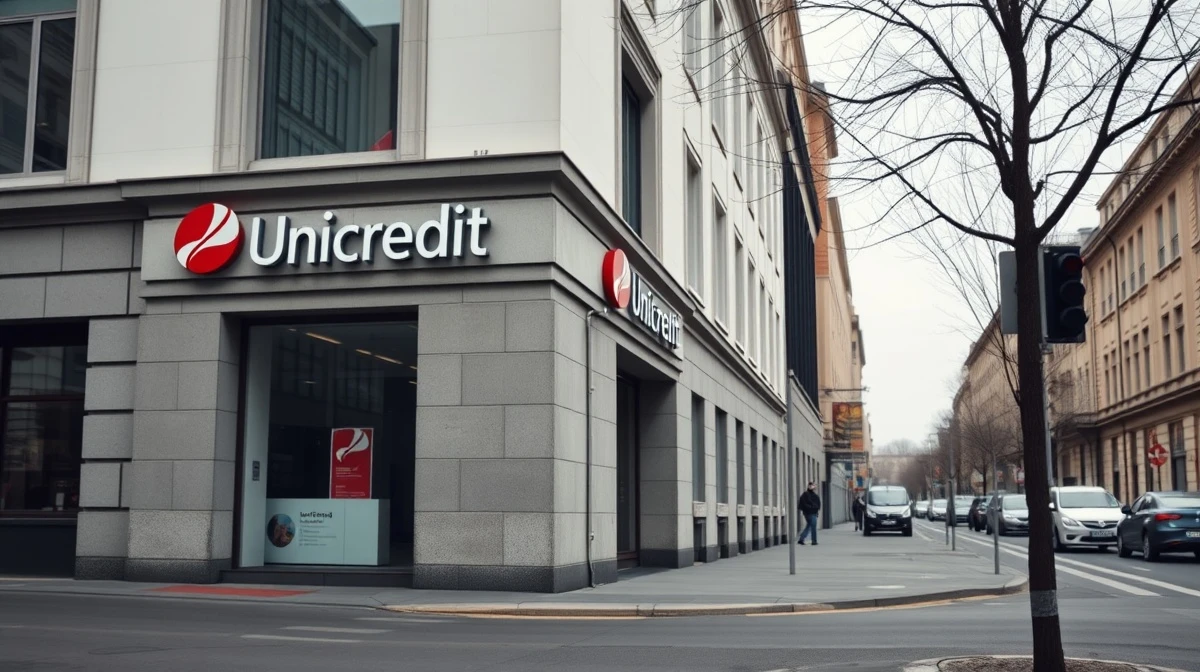 Exterior of a UniCredit bank branch on a cloudy day, representing the bank's European operations.