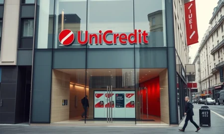 Exterior of a UniCredit bank branch in a European city, representing the bank's corporate presence and ongoing restructuring.