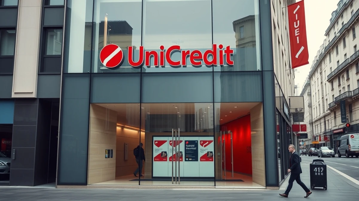 Exterior of a UniCredit bank branch in a European city, representing the bank's corporate presence and ongoing restructuring.