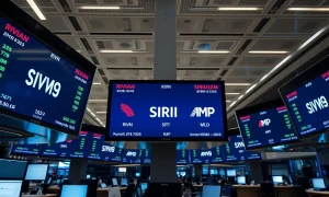 Stock exchange floor with digital screens showing options data for Rivian, SiriusXM, and MP Materials