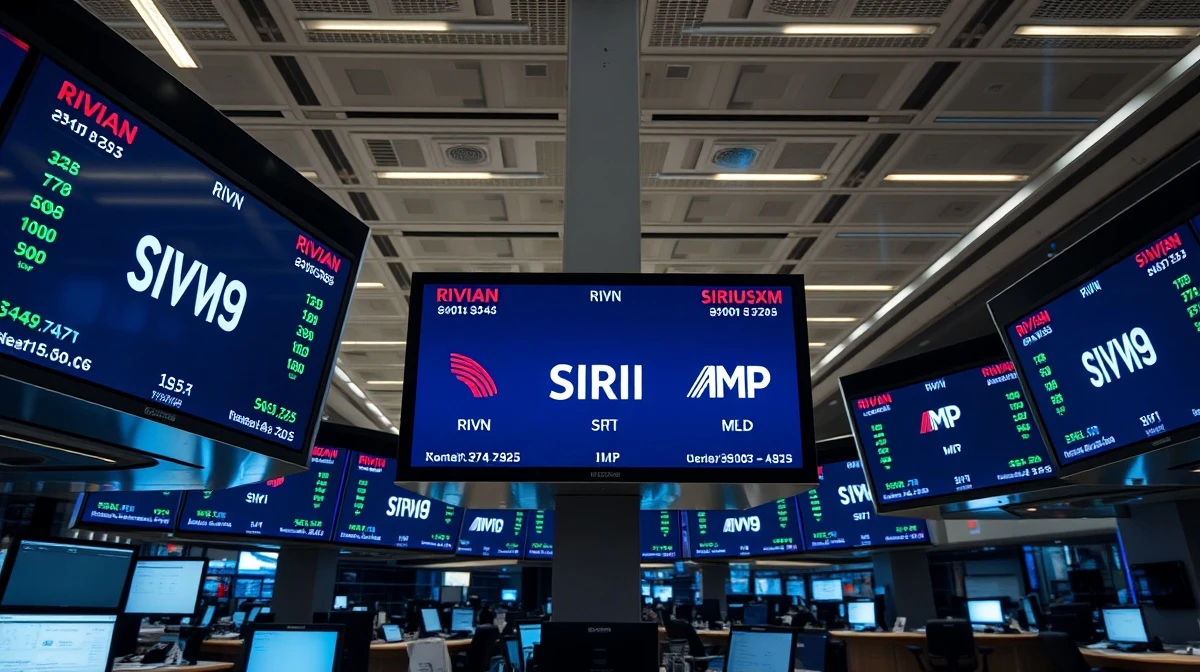 Stock exchange floor with digital screens showing options data for Rivian, SiriusXM, and MP Materials