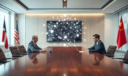 US and Chinese officials meeting with holographic AI network symbolizing cooperation