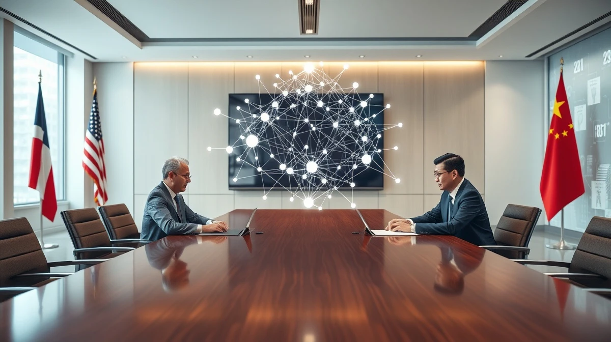 US and Chinese officials meeting with holographic AI network symbolizing cooperation