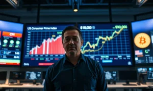 Financial analyst monitoring CPI data and Bitcoin price chart on digital screens in newsroom
