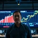 Financial analyst monitoring CPI data and Bitcoin price chart on digital screens in newsroom