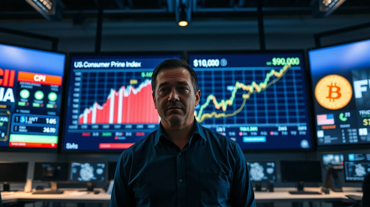 Financial analyst monitoring CPI data and Bitcoin price chart on digital screens in newsroom