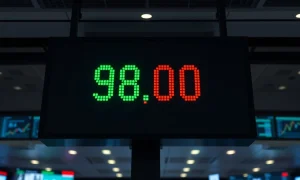 US Dollar Index at 98.00 on a financial display board amid easing safe-haven demand