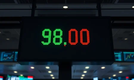 US Dollar Index at 98.00 on a financial display board amid easing safe-haven demand