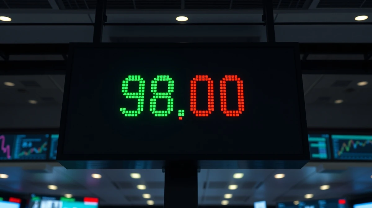 US Dollar Index at 98.00 on a financial display board amid easing safe-haven demand